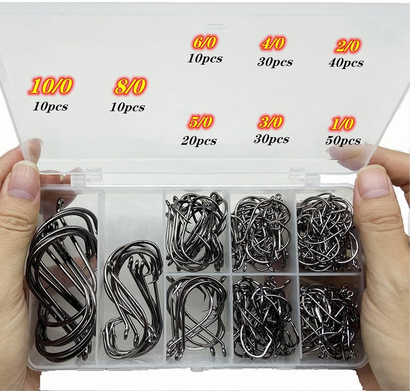 DAMIDEL 200Pcs/Box（Size:10/0... to...1/0 Strong Octopus Fishing Hooks, Forged Steel/Barded Design, Off-Set Point/Closed Eye, Strong/Sturdy, 10/0 8/0 6/0 5/0 4/0 3/0 2/0 1/0 Mixed Packaging - Image 1